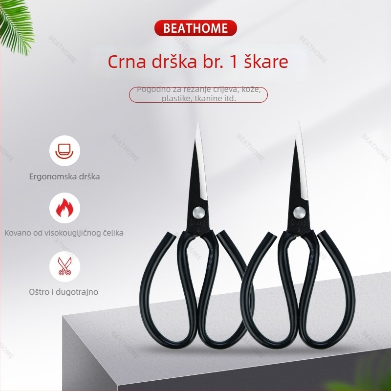 Škare od visokougljičnog čelika s crnim plastičnim držašem i oštrim vrhom; višenamjenske škare za kuhinju, hobije, rezanje kože i šivanje.