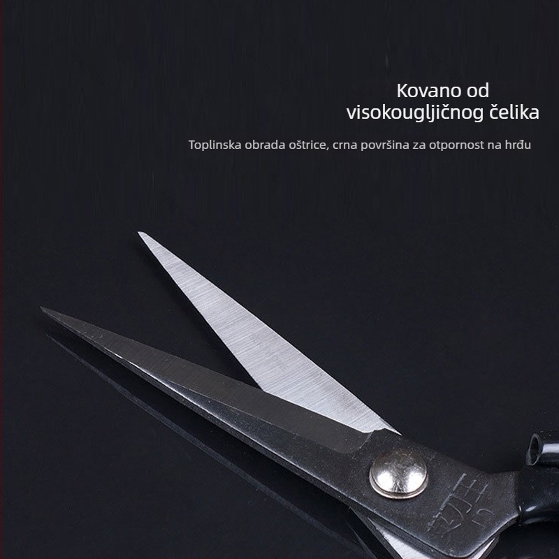 Škare od visokougljičnog čelika s crnim plastičnim držašem i oštrim vrhom; višenamjenske škare za kuhinju, hobije, rezanje kože i šivanje.