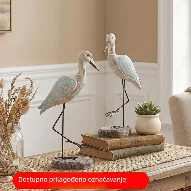 Mediteranskog stila drvena ptica s dugim nogama – ukras za radni stol, retro dekor