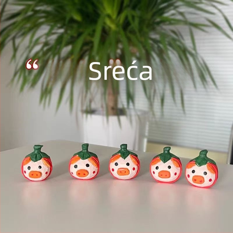 Ručni izrezbareni drveni ukras Pig and Persimmon, masivno drvo, dekor za dnevni boravak i stol, dar blagoslova