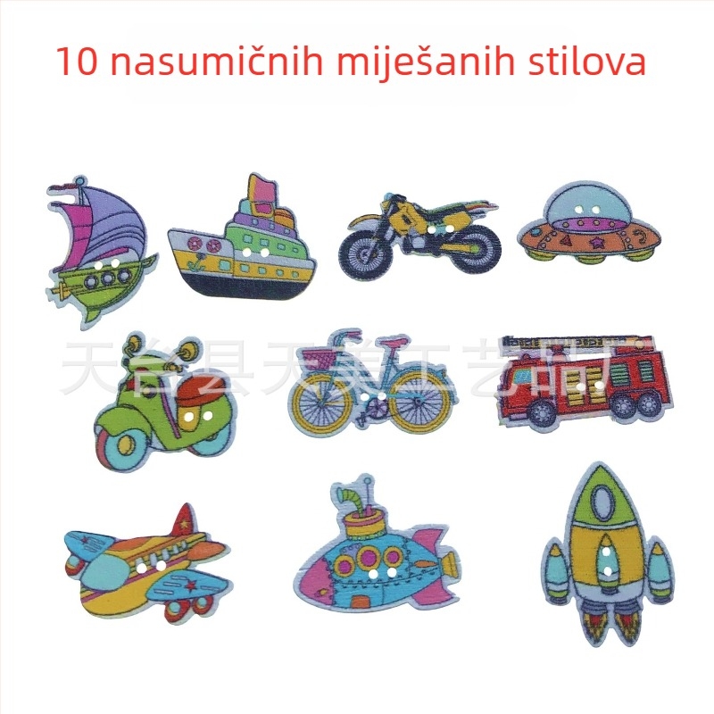 Drveni gumbi s motivima crtanih vozila: auto, avion, raketa, jedrilica, bicikl, motocikl