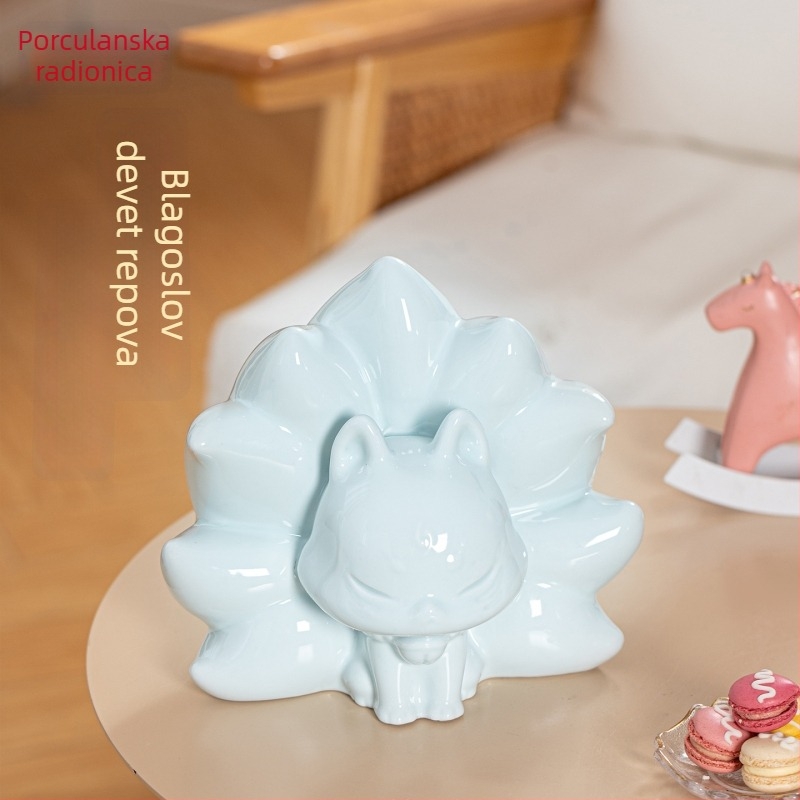 Porcelanska ukrasna figura za dom, vrt ili ured; slatka lisica s devet repova, kineski stil, ulazni hodnik