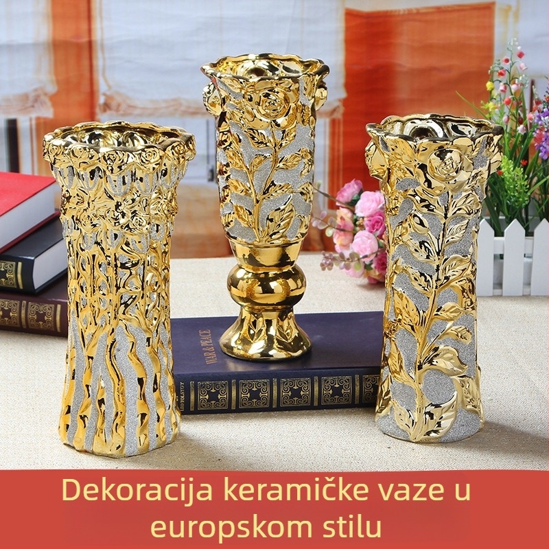 Keramička vaza s europskim modernim dizajnom, pozlaćeni kućni dekor, pogodna za vjenčanja, ulazni hodnik i dnevni boravak, aranžman suhih cvjetova, ručno pozlaćivanje
