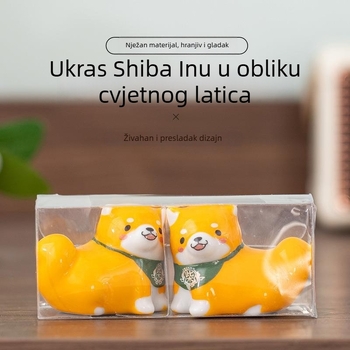 Keramički držač za štapiće – par Shiba Inu s cvjetnim motivom, bijeli porcelán