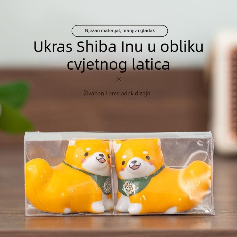 Keramički držač za štapiće – par Shiba Inu s cvjetnim motivom, bijeli porcelán