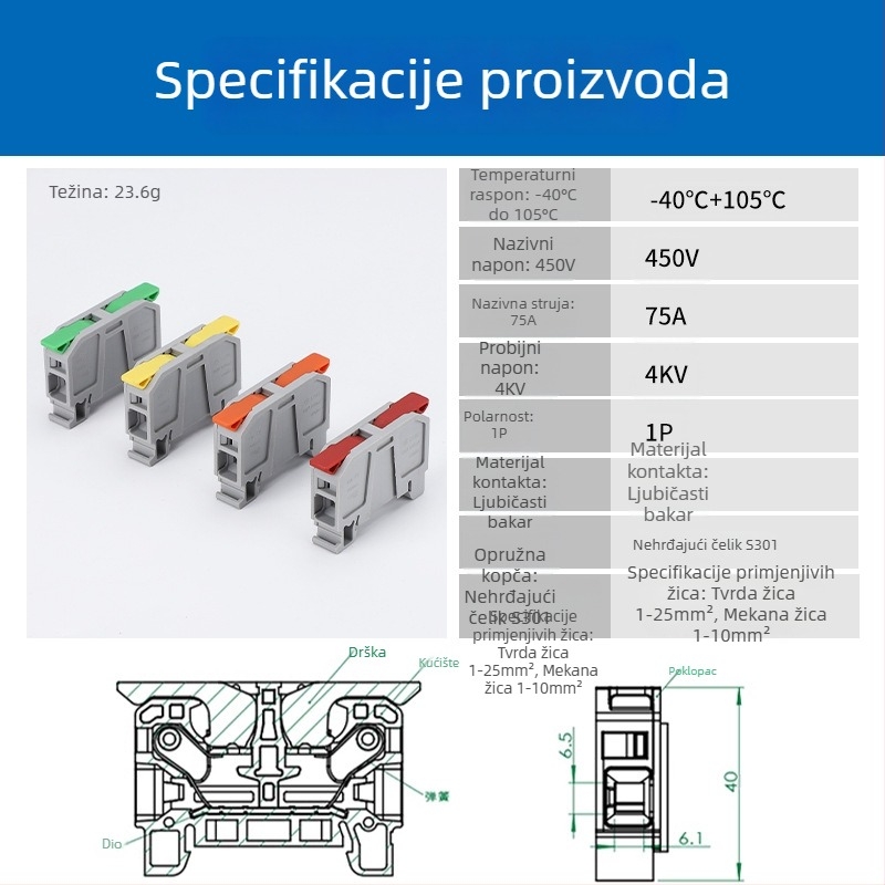LT-25 Ultra-visok tok, veliki kvadratni tračni terminal za brzo spajanje, 75A