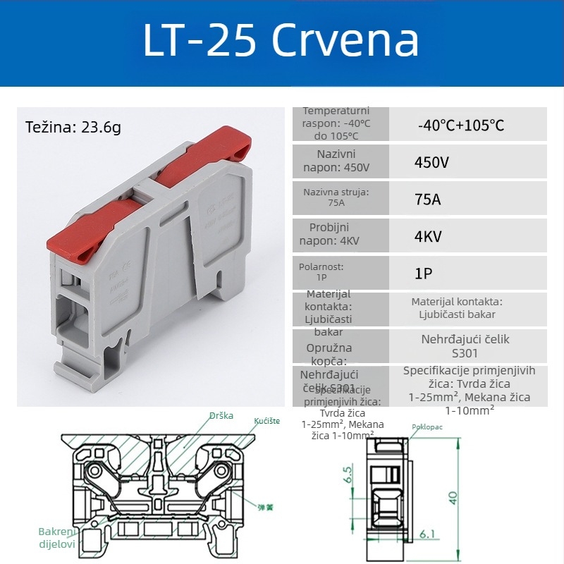LT-25 Ultra-visok tok, veliki kvadratni tračni terminal za brzo spajanje, 75A
