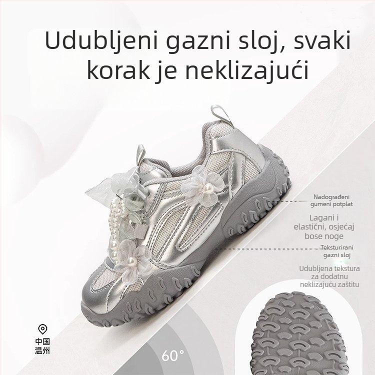 Dječje tenisice za trening za djevojčice, srebrne, proljetna kolekcija 2026, prozračne dječje tenisice