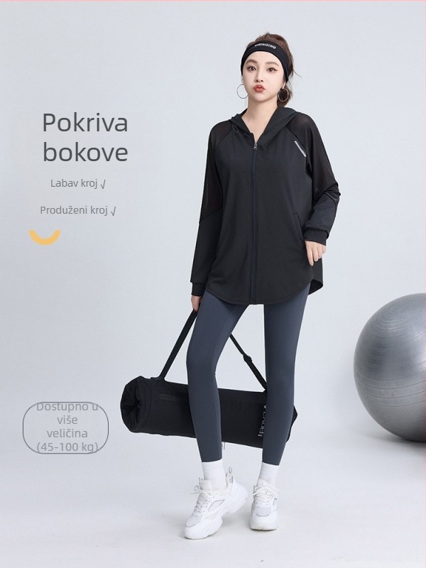 Ženska joga jakna za plus veličinu s kapuljom, udobnog kroja, dugih rukava, sportska jakna za jesen i proljeće