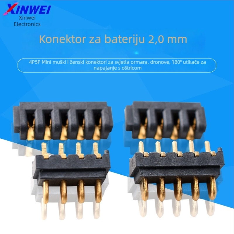4P5P mini baterijski konektor, razmak 2,0 mm, muški i ženski konektori, 180° lamelni priključak