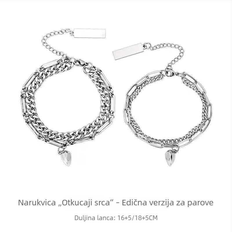 Narukvica otkucaja srca za muškarce i žene, titan-čelik magnetsko srce, moderni slojeviti narukvica prijateljstva