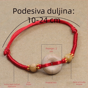 Narukvica od drveta breskve s crvenim koncem i dijamantnim čvorom, pleteni dizajn, unisex