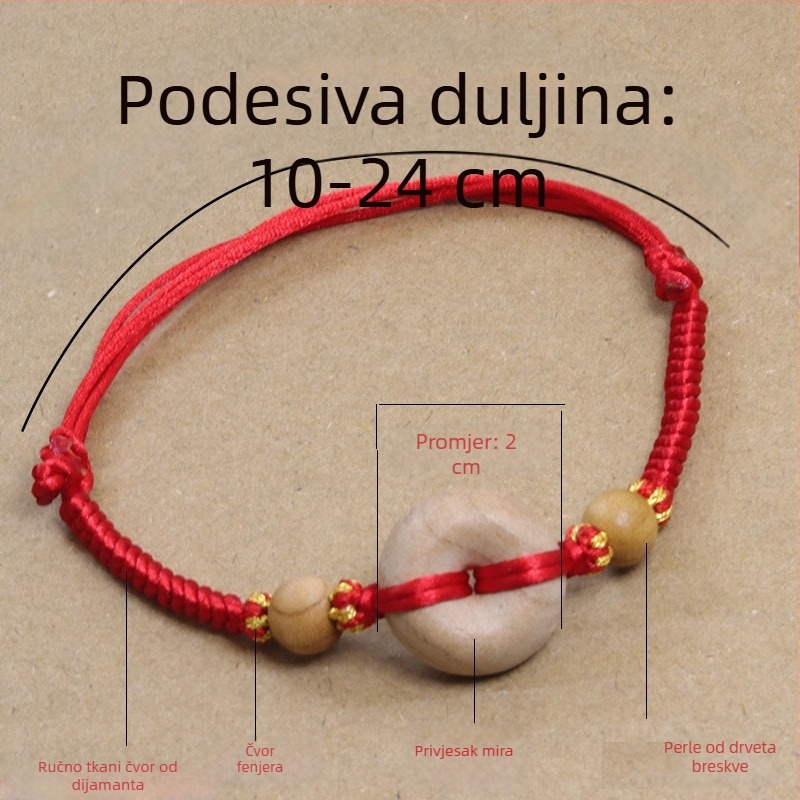 Narukvica od drveta breskve s crvenim koncem i dijamantnim čvorom, pleteni dizajn, unisex