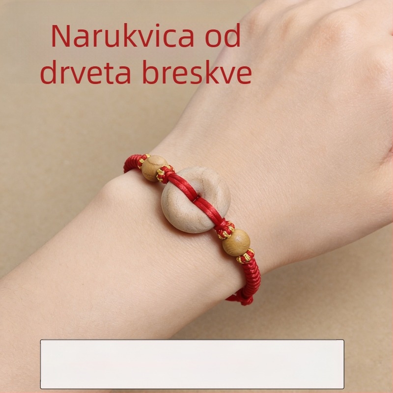 Narukvica od drveta breskve s crvenim koncem i dijamantnim čvorom, pleteni dizajn, unisex