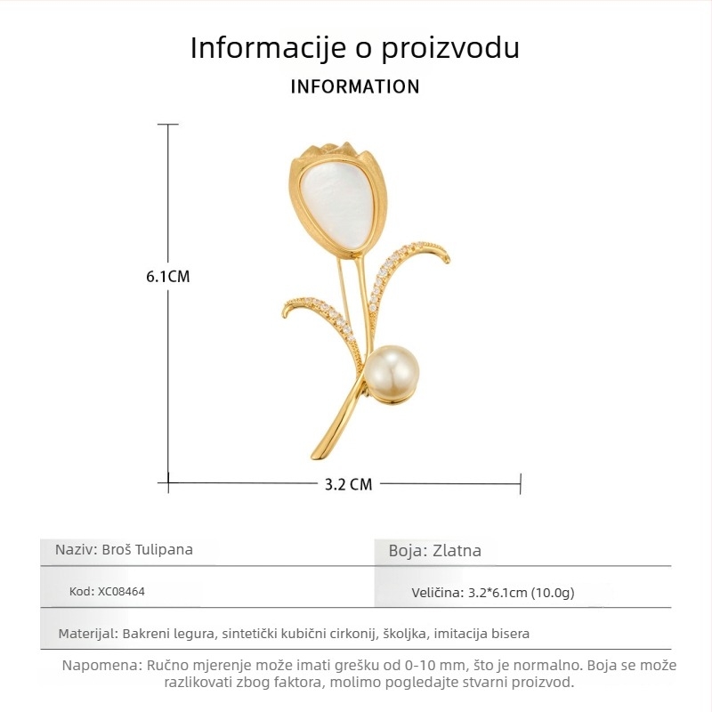 Tulipani broš s prirodnom majčinom perlom, bakrena legura, mikro ugrađeni cirkoni, brušeni završetak, elegantan dodatak odjeći