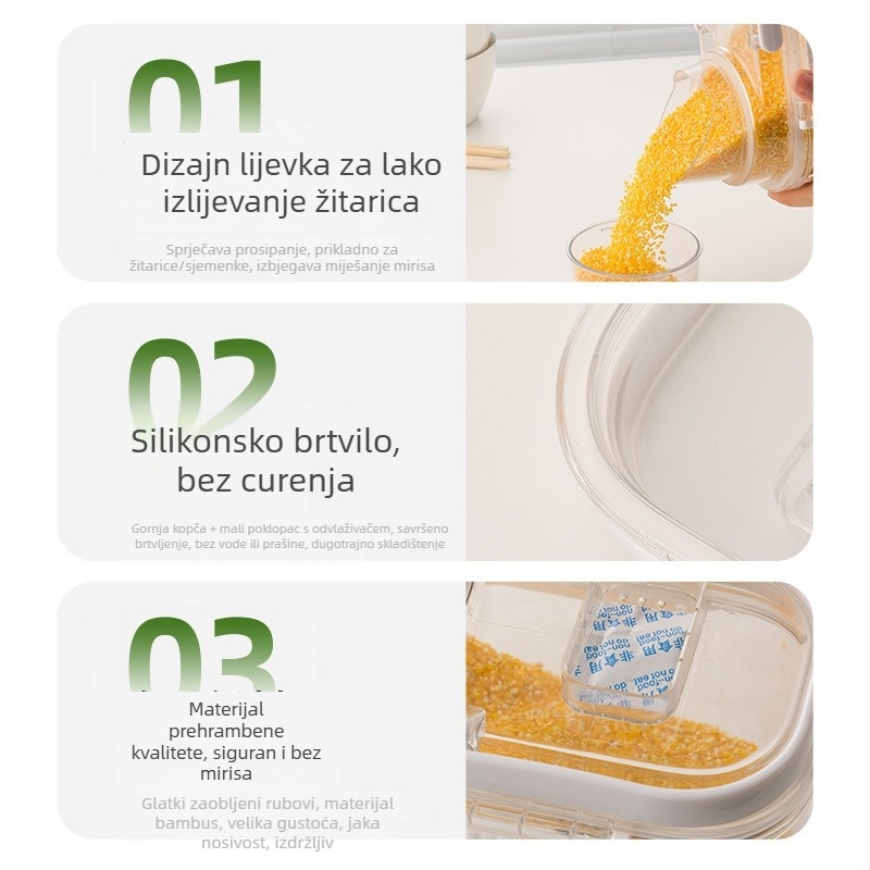 Plastični zatvoreni spremnik za kuhinju, proziran spremnik za rižu i žitarice, brtvljen protiv vlage i insekata, višenamjenski spremnik za žitarice, moderni minimalistički dizajn