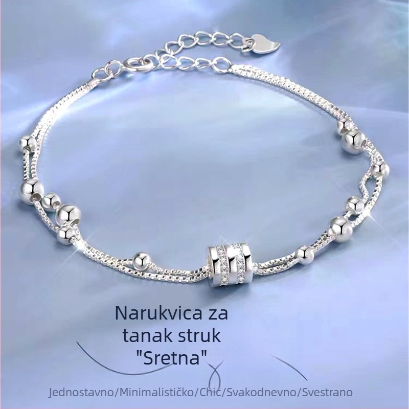 Dvostruko slojevita narukvica s dijamantima za žene, srebrene perle, minimalistički šumski dizajn