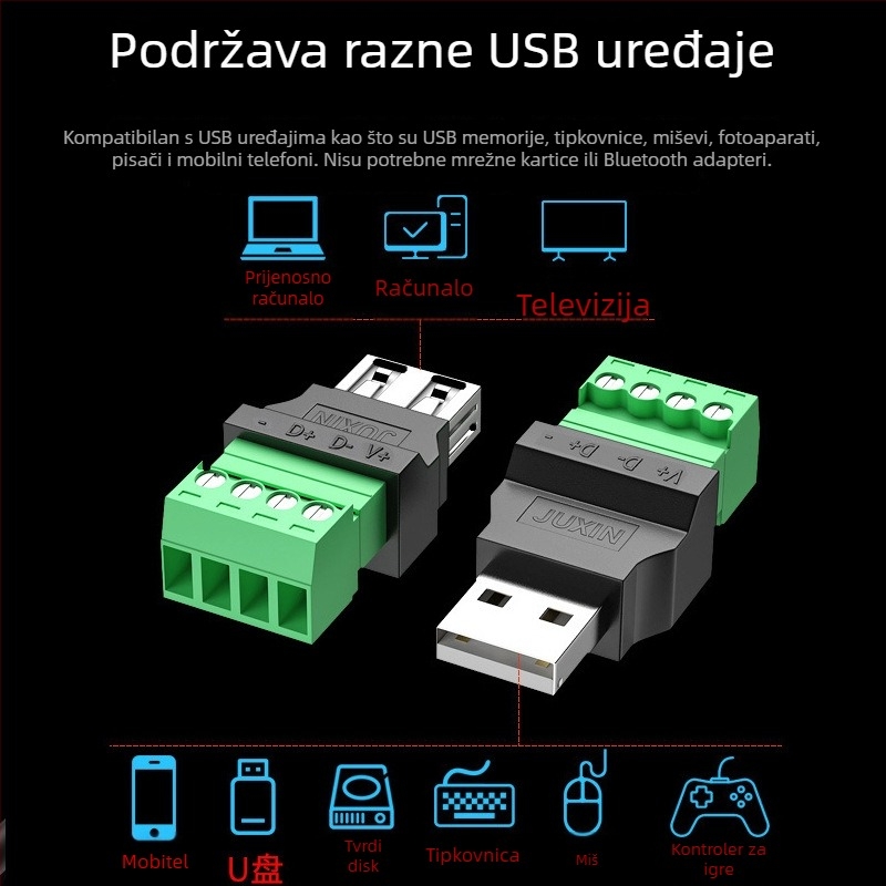 USB priključak bez lemivanja, muški i ženski USB konektor za povezivanje s telefonima, tipkovnicama i miševima, 16 pinova