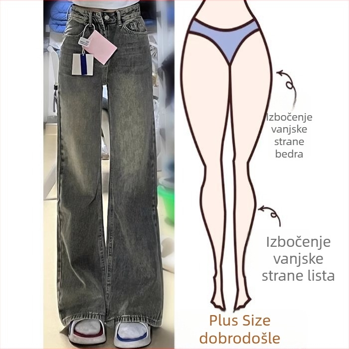 Ženske hlače traperice s američkim retro krojem, ravni kroj, za proljeće i jesen, visoki pojas, pokrivaju bokove, opušteni kroj, široke nogavice za velike veličine