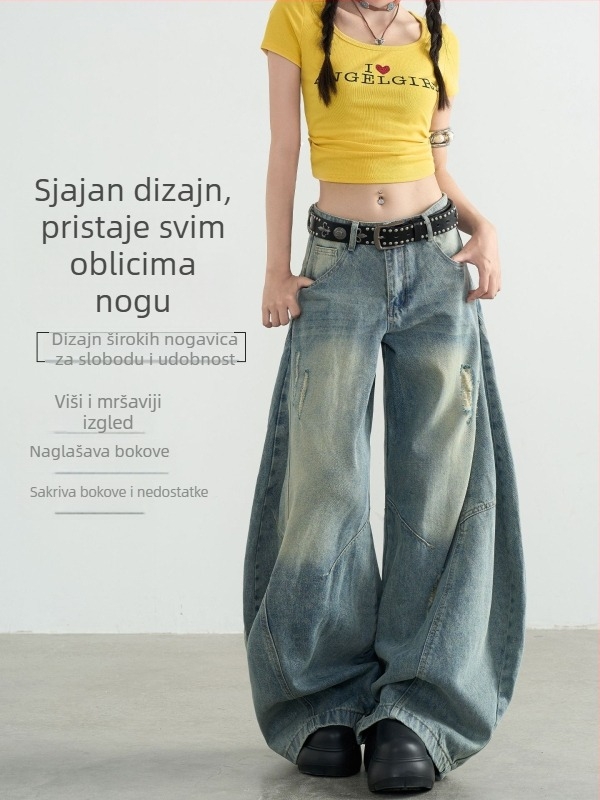 Ženske traperice u vintage američkom stilu sa zaobljenim rubom i širokim krojem, visokim strukom