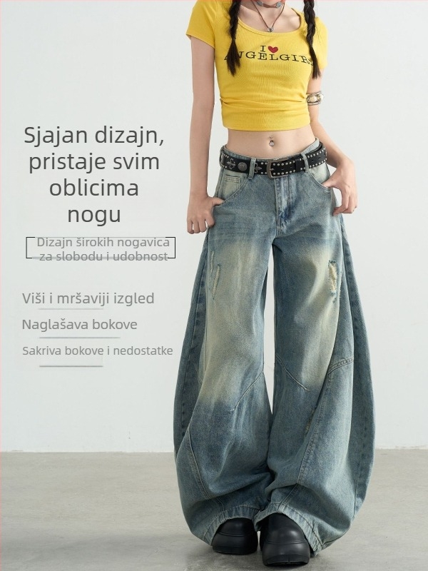 Ženske traperice u vintage američkom stilu sa zaobljenim rubom i širokim krojem, visokim strukom