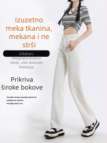 Bijele ženske traperice visokog struka i širokog kroja, za nižu figuru, proljeće–jesen 2025