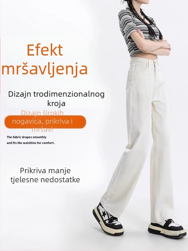 Bijele ženske traperice visokog struka i širokog kroja, za nižu figuru, proljeće–jesen 2025