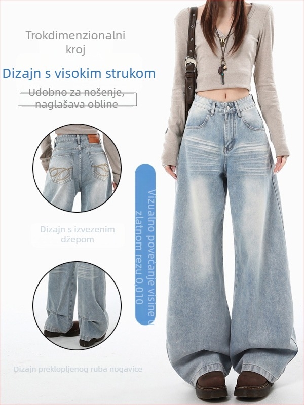 Ženske džins hlače s širokim krojem, niski pojas, ravni kroj, s drapiranim učinkom