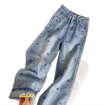 Ženske traperice s rhinestone-šivanjem od denima, visokim strukom, straight krojem, proljetno-jesenski casual stil
