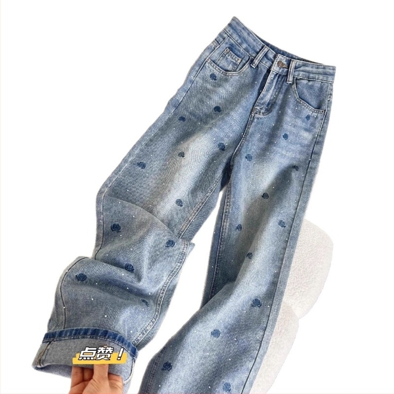 Ženske traperice s rhinestone-šivanjem od denima, visokim strukom, straight krojem, proljetno-jesenski casual stil