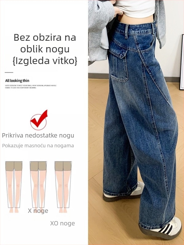 Ženske vintage plave široke traperice, visok struk, opušten kroj, ravni kroj, do poda, jesen-zima 2025