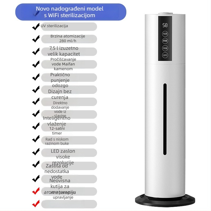 Podni ultrazvučni ovlaživač za kućnu upotrebu, tih, velik kapacitet 6,1–10 L, 1 izlaz za maglu, daljinski upravljač, tajmer preko 8 sati, zaštita od nestašice vode i nestanka struje