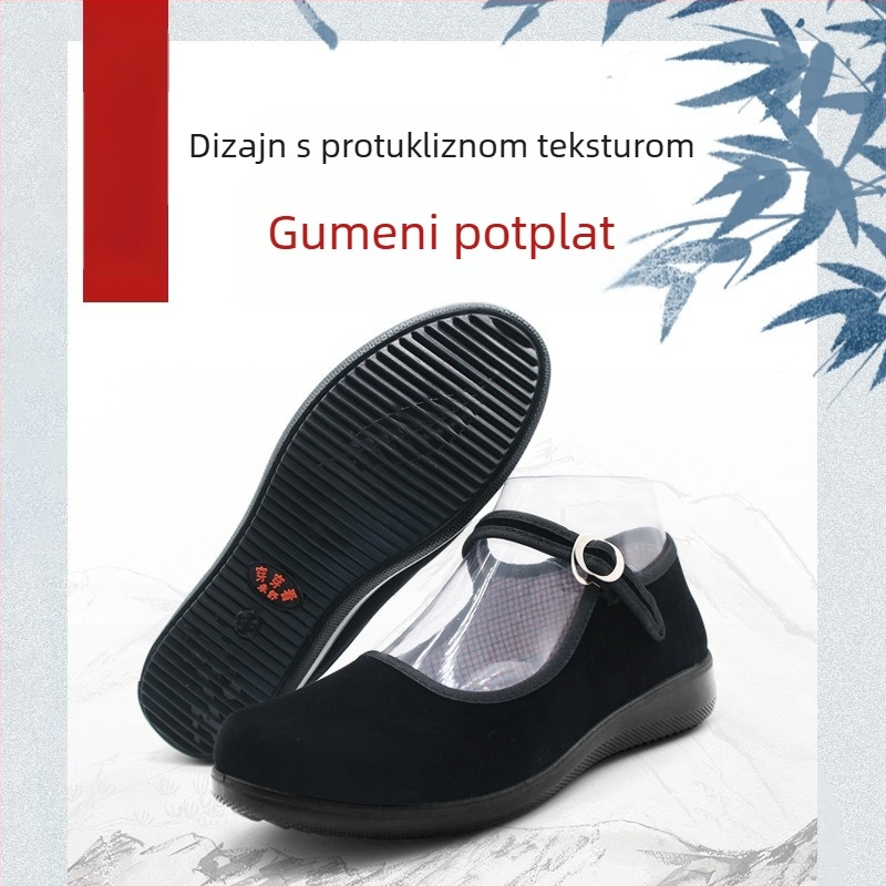 Ženske crne velur cipele s kopčom, okruglim nosom i klinastim potpeticama za svakodnevnu upotrebu