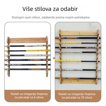 Desetpozicijski zidni držač za pohranu štapova za pecanje, masivno drvo, kućna upotreba