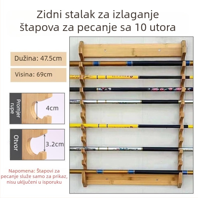 Desetpozicijski zidni držač za pohranu štapova za pecanje, masivno drvo, kućna upotreba