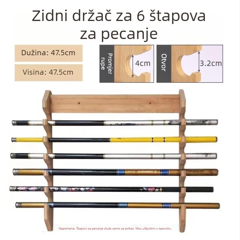 Desetpozicijski zidni držač za pohranu štapova za pecanje, masivno drvo, kućna upotreba