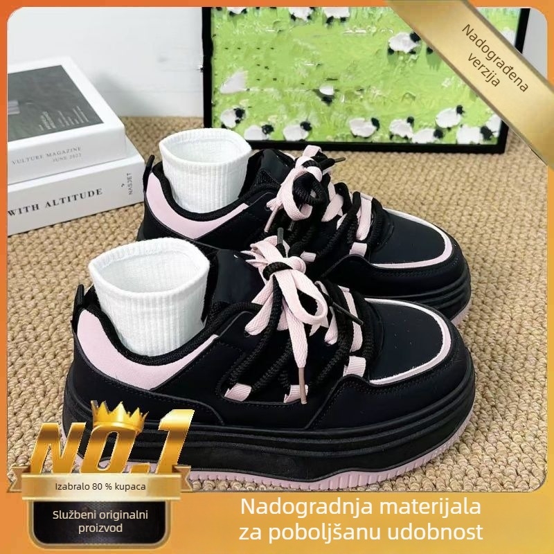 Ženske platformske tenisice crno-ružičaste boje, casual stil, debeli potplat, gornji dio od sintetičke kože, gumeni đon