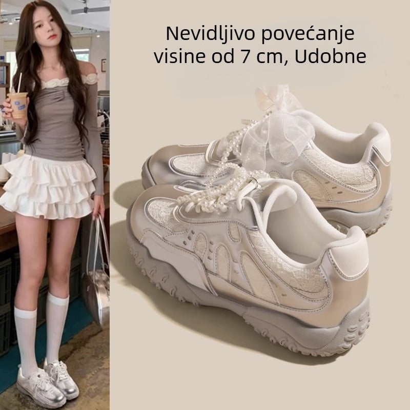 Ženske tenisice od mekane kože, s debelim potplatom i unutarnjim povećanjem visine, baletnog stila mrežaste prozračne tenisice za trening, bijele tenisice