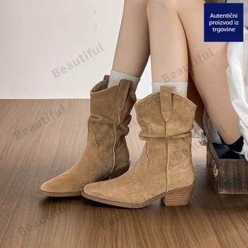 Ženske čizme s visokim petama, retro zapadnjački kaubojski čizmi s V otvorom, smeđa, špičati vrh, kratke čizme