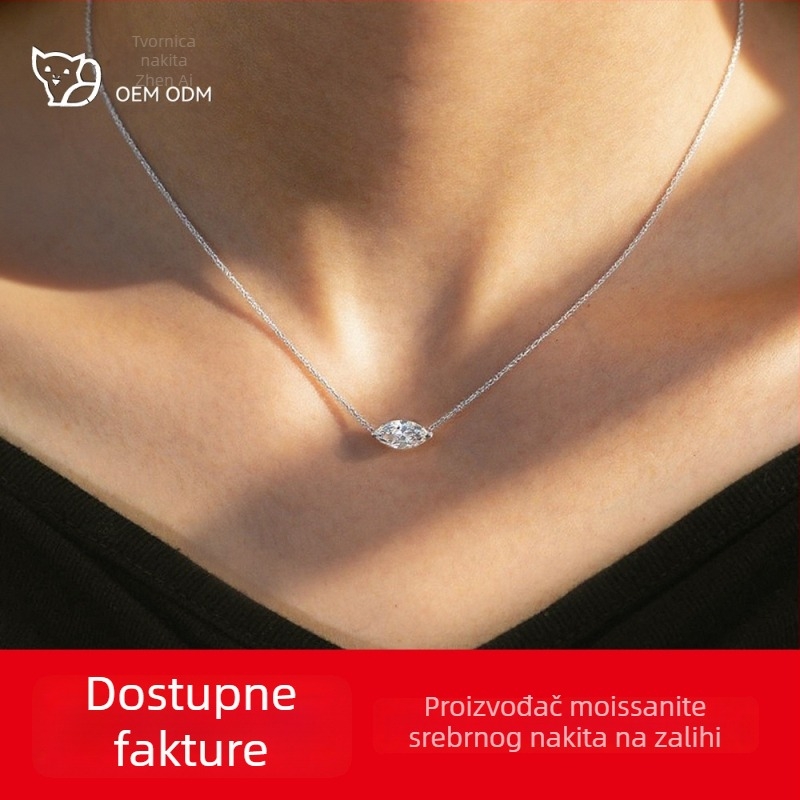 S925 srebrni ogrlica s Moissanitom u obliku marquise, lanac klavikule, Pt950 premaz, elegantna, minimalistička i svestrana, podesiva duljina 21–50 cm