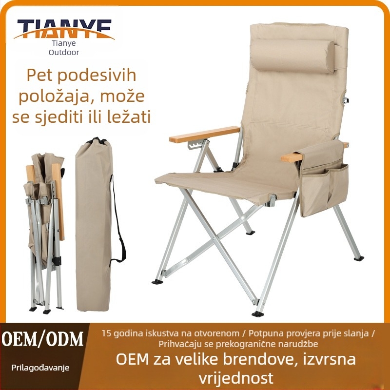 Sklopiva kamping stolica s visokim naslonom i rukonaslonima, aluminijski okvir, dimenzije 59 × 70 × 100 cm