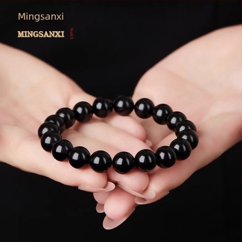Prirodna crna obsidijan kružna narukvica — unisex geometrijski dizajn