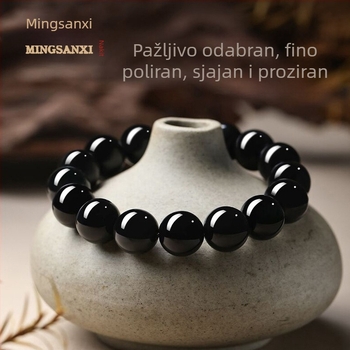 Prirodna crna obsidijan kružna narukvica — unisex geometrijski dizajn