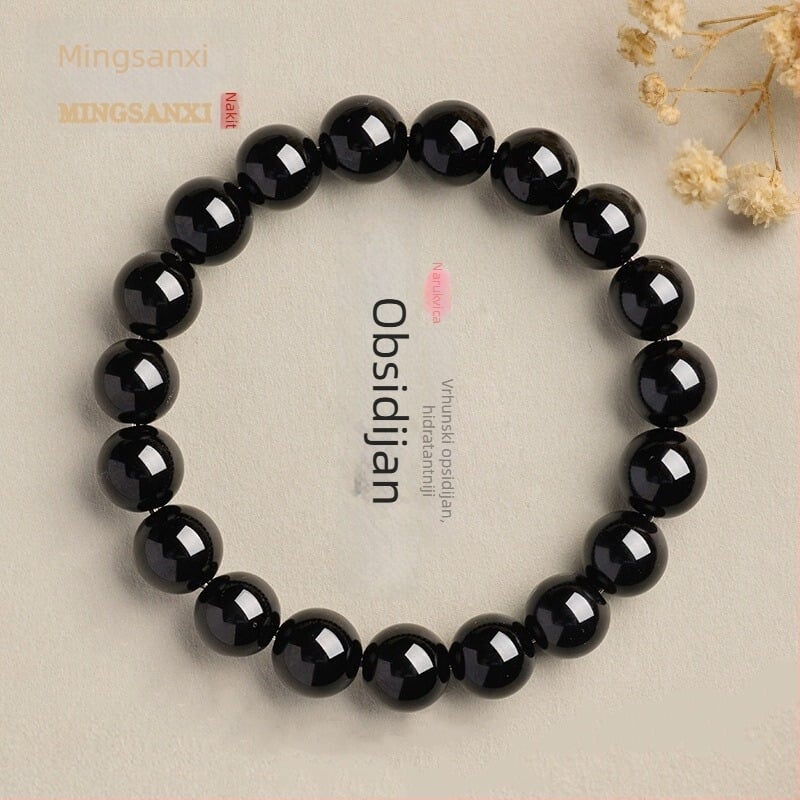 Prirodna crna obsidijan kružna narukvica — unisex geometrijski dizajn