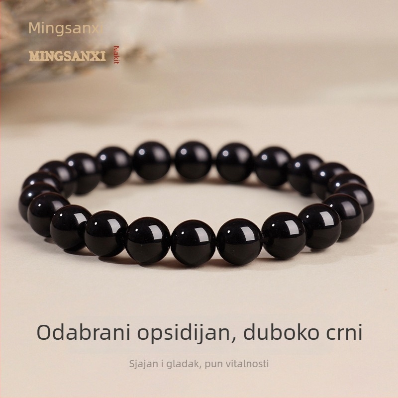 Prirodna crna obsidijan kružna narukvica — unisex geometrijski dizajn
