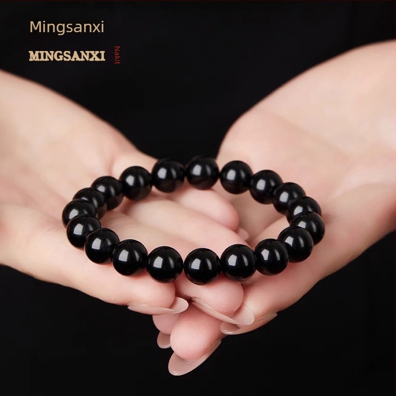Prirodna crna obsidijan kružna narukvica — unisex geometrijski dizajn