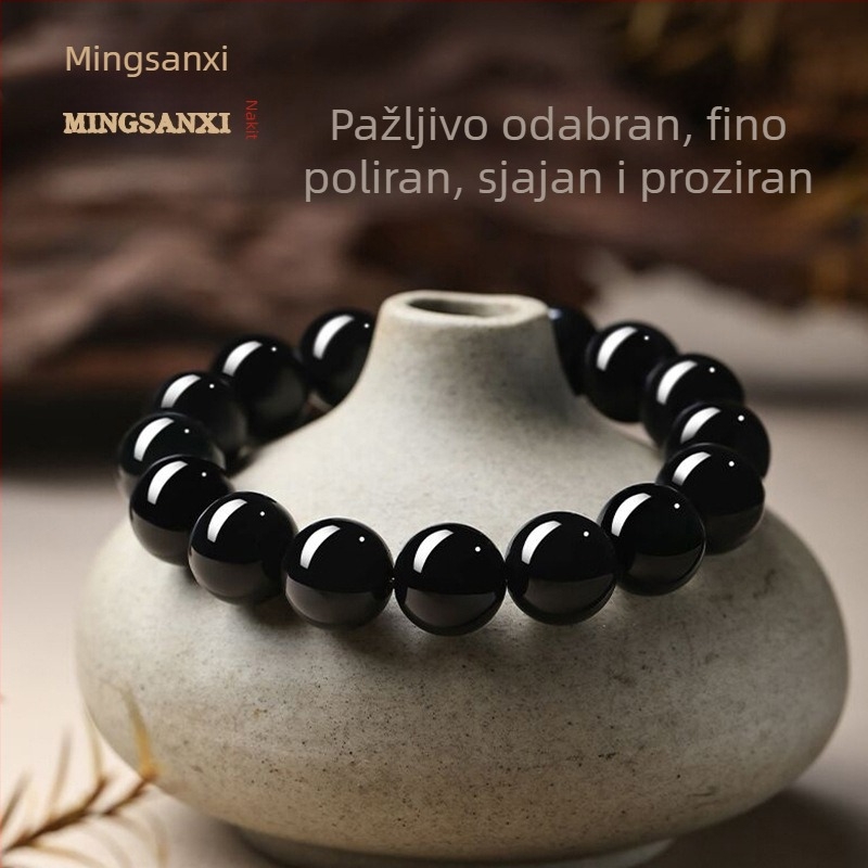 Prirodna crna obsidijan kružna narukvica — unisex geometrijski dizajn