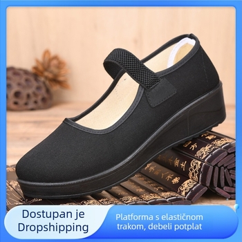 Ženske crne platnene tenisice s elastnim remenom, platforma, udobne i prozračne