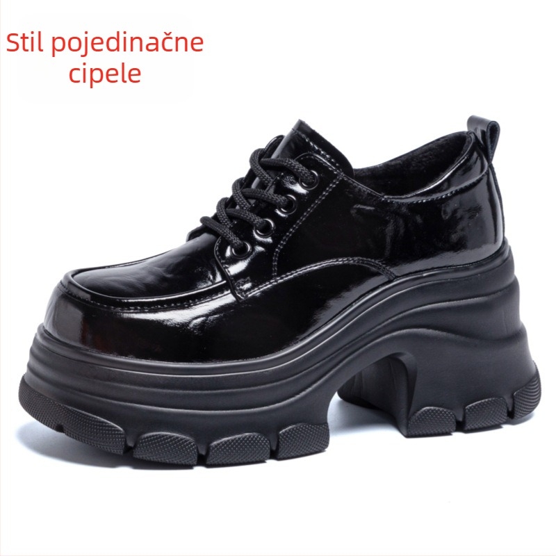 Ženske lakirane loaferice s fleec podstavom, zima 2025, debela platforma, povećanje visine, britanski stil kožne cipele