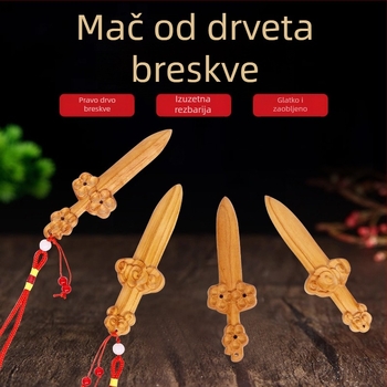 Privjesak mača od drveta breskve s crvenom uzicom – kineskog stila DIY nakit, izrezbaren mač